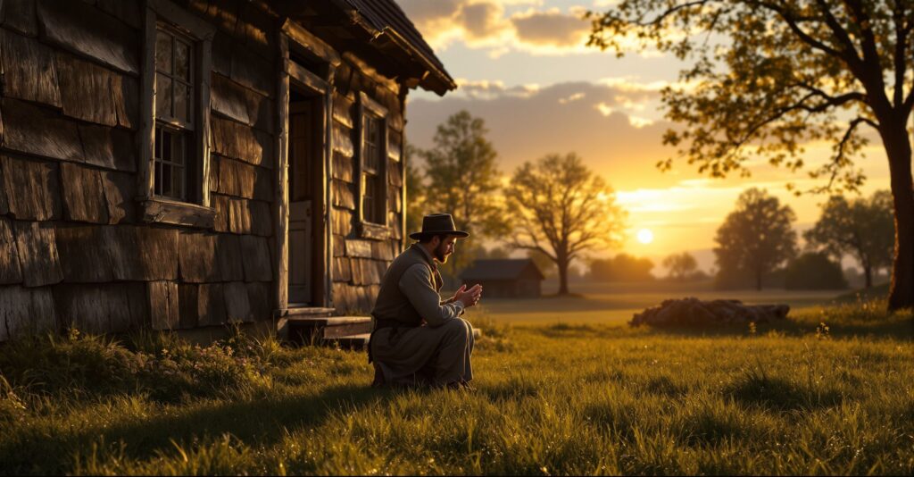 John Johnson kneeling in prayer outside his farmhouse at sunrise