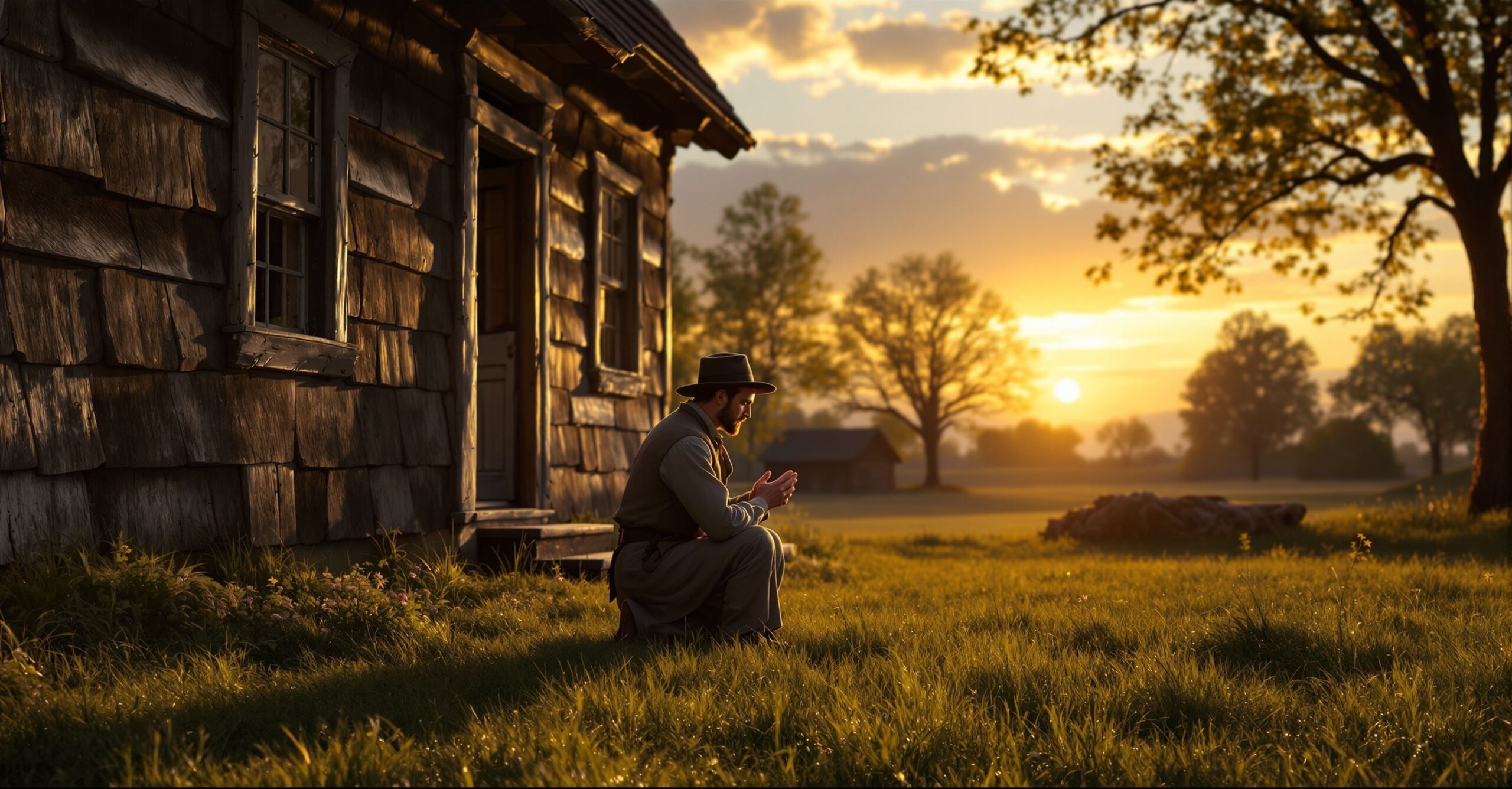 John Johnson kneeling in prayer outside his farmhouse at sunrise