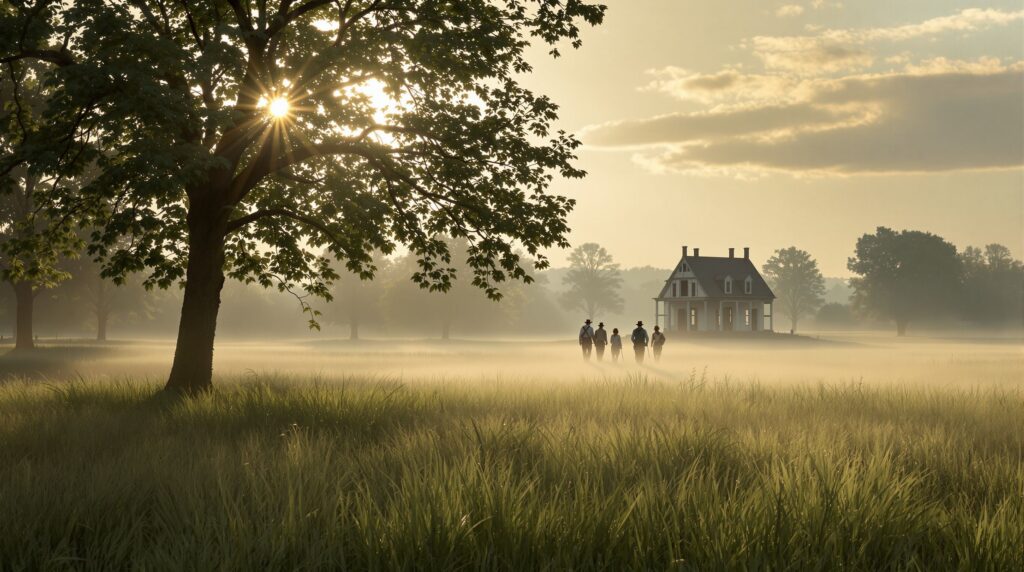 Early morning mist over a Missouri field with Saints walking toward a meetinghouse