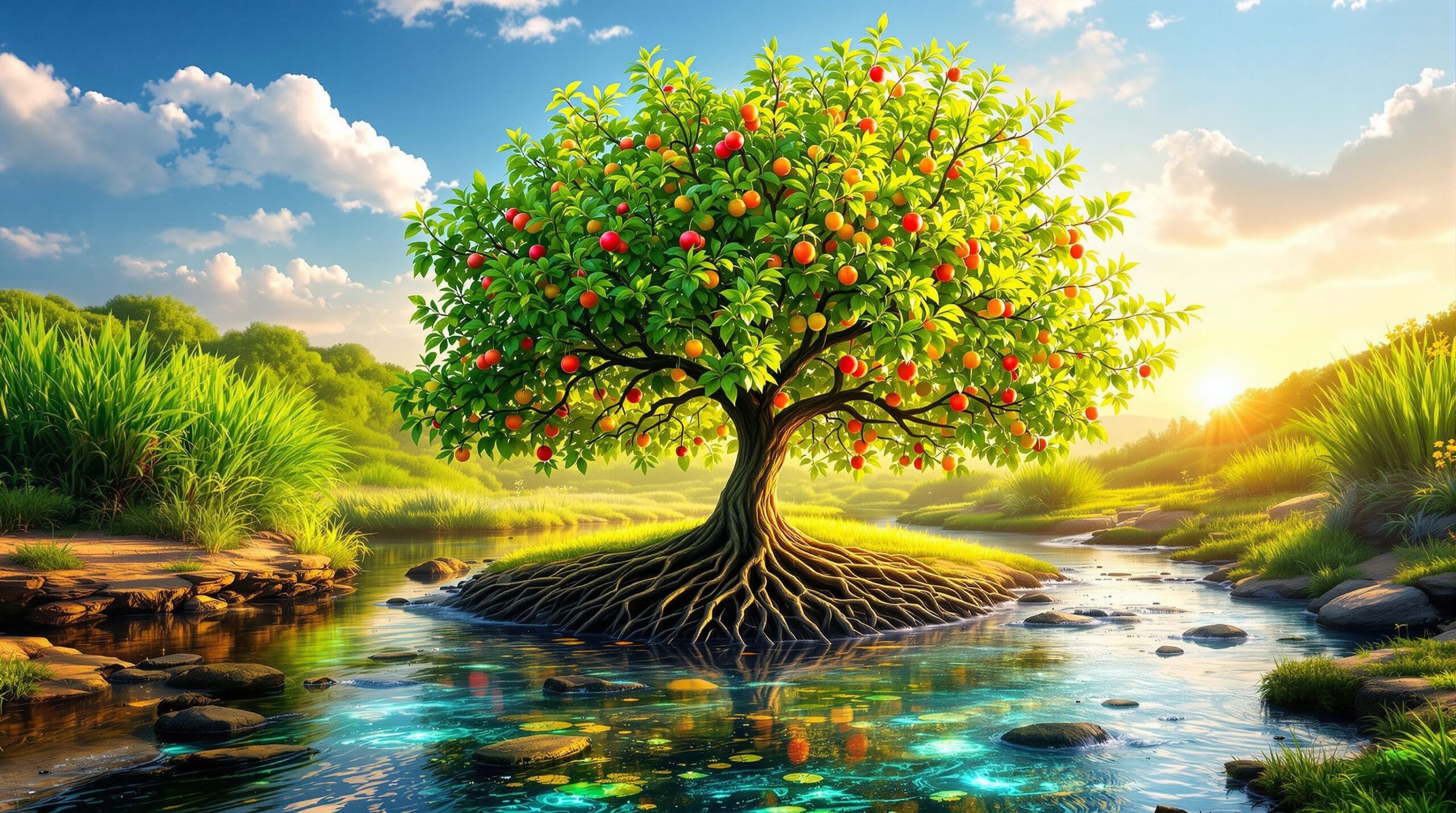 A flourishing fruit tree beside a clear stream under warm sunlight