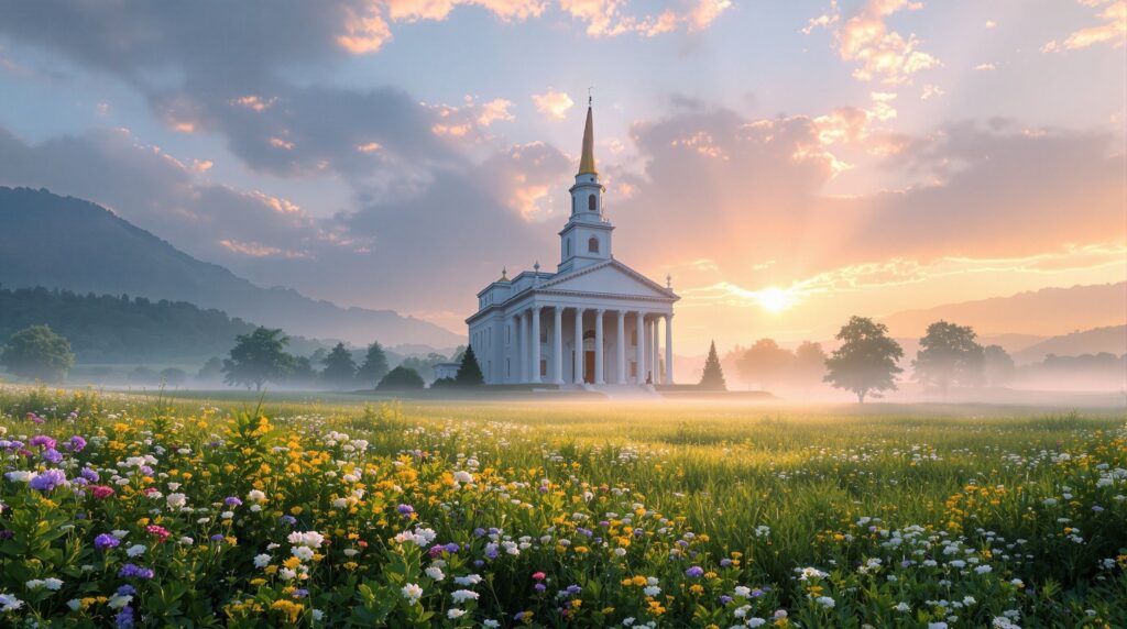 A frontier temple glowing in morning light with mist around it