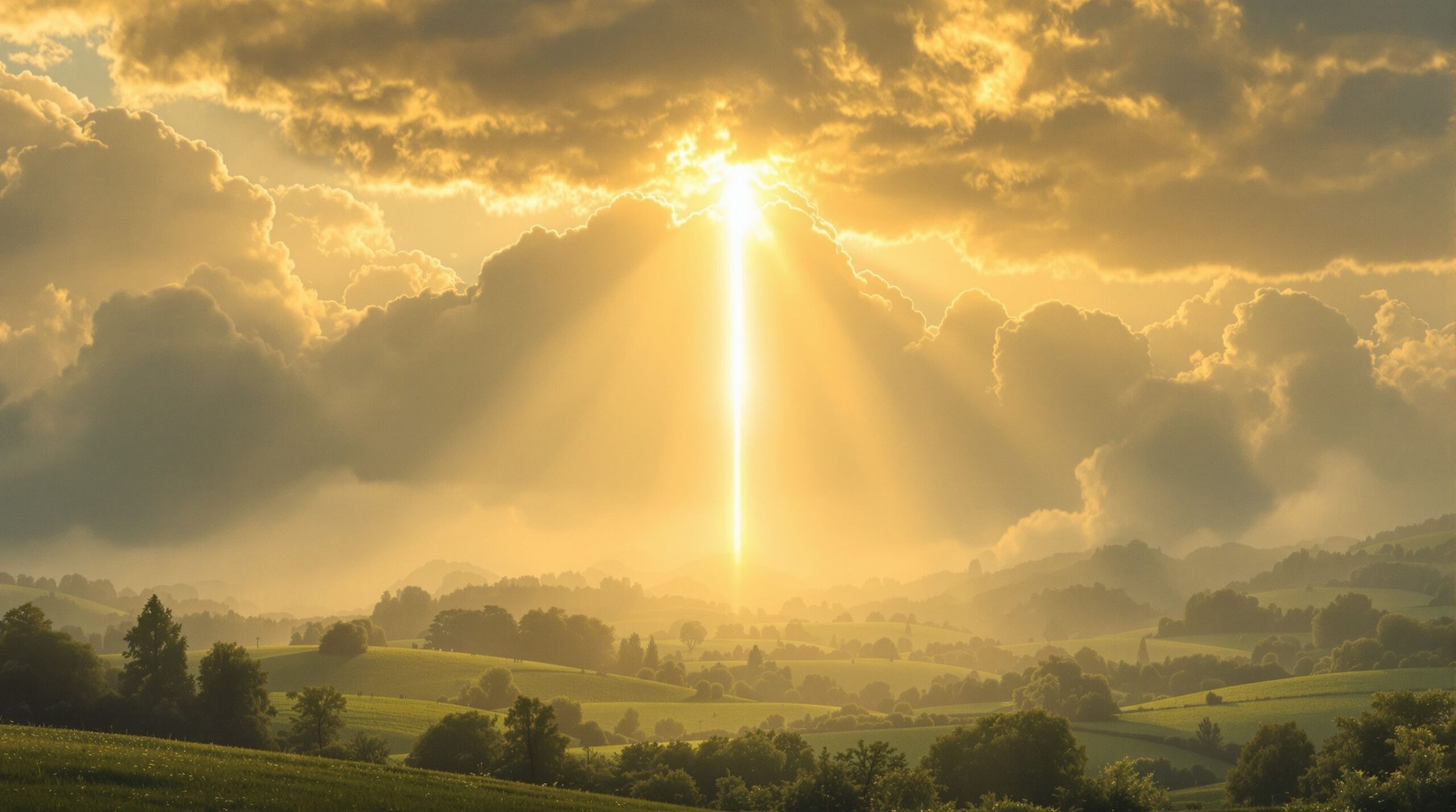 Golden light breaking through clouds over an 1830s Ohio landscape