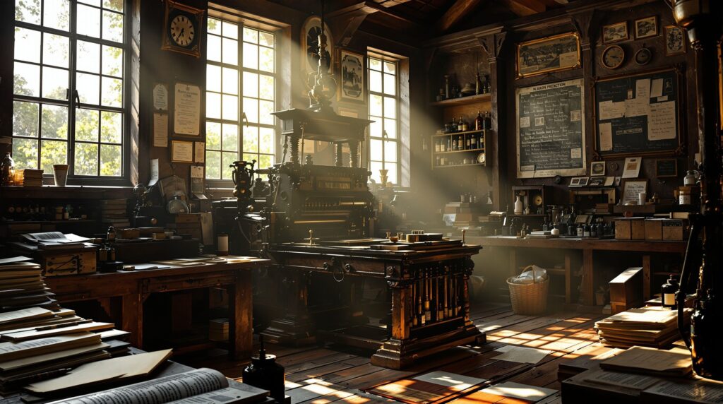 1830s printing press in sunlight surrounded by pages and ink bottles