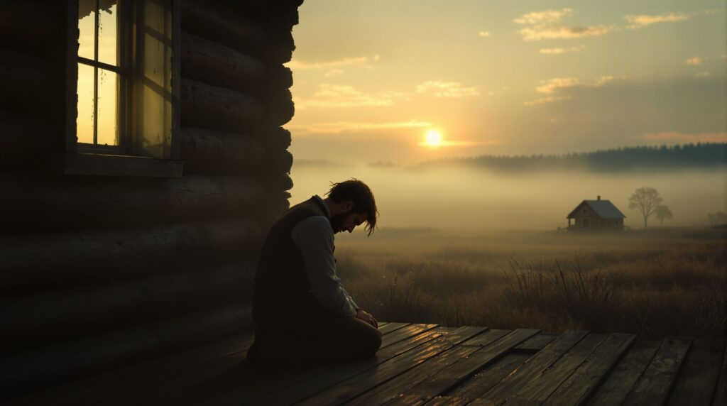 1833 Latter-day Saint praying alone in a log cabin with morning light streaming in