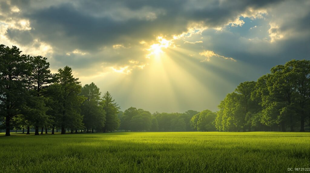 Sunbeam descending through clouds over a quiet field