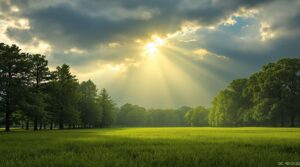 Sunbeam descending through clouds over a quiet field