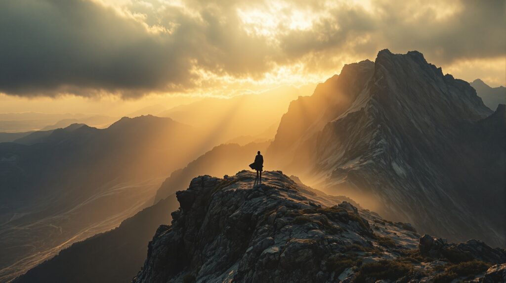 Solitary figure on a mountain ridge at dawn symbolizing spiritual trial and endurance