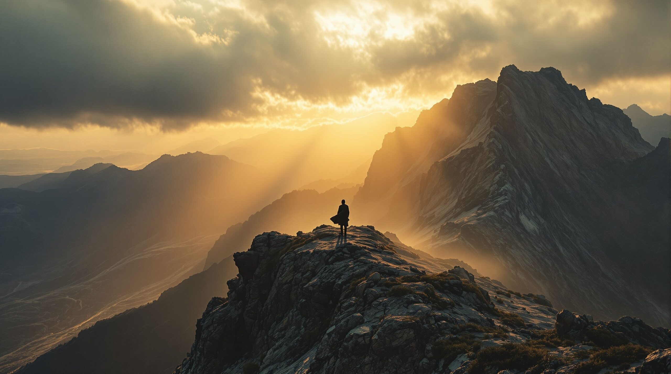 Solitary figure on a mountain ridge at dawn symbolizing spiritual trial and endurance