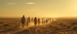 Families walking toward a distant horizon symbolizing scattering and hope
